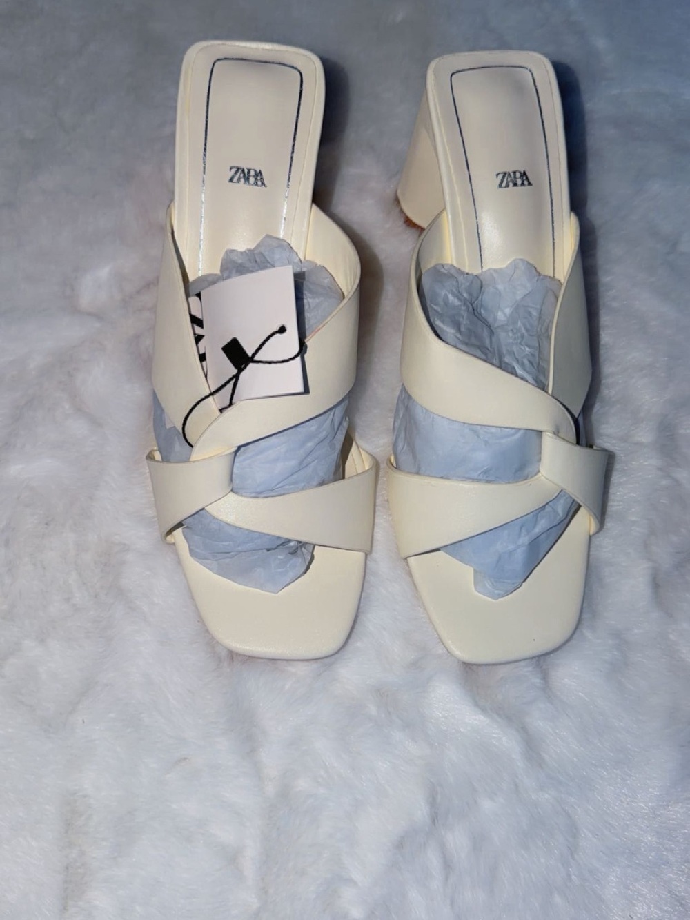 ZARA Cream Crisscross Block Heel Mules